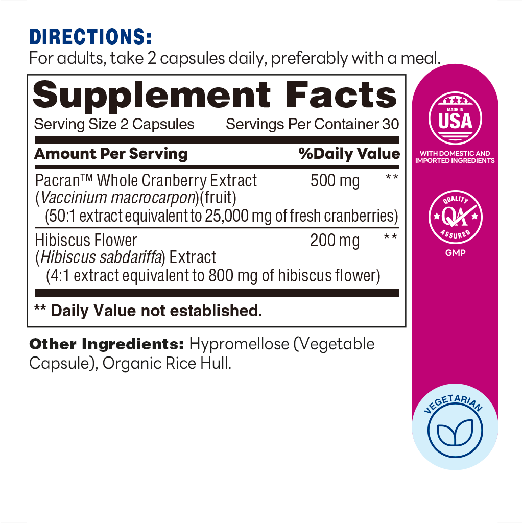 Vitamin World Urinary Health with Whole Cranberries and Hibiscus for Women, 60 Vegetarian Capsules-Supplement Facts
