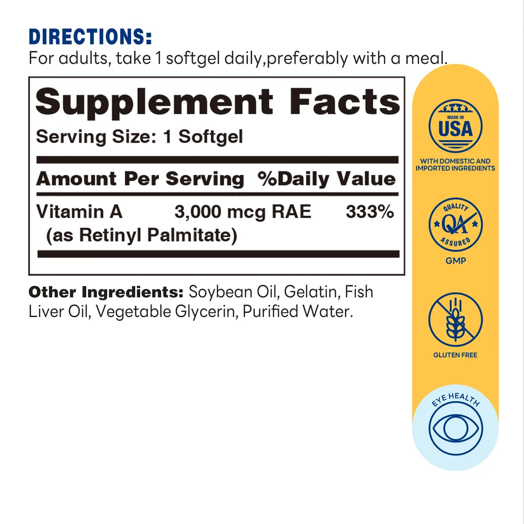 Vitamin A 3000mcg Softgel | 250ct - Supplement Facts