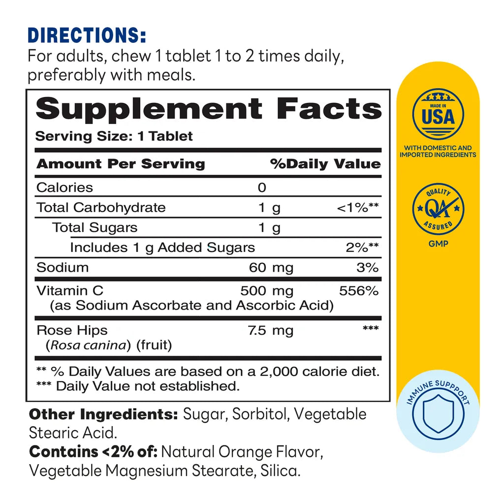 Vitamin C 500MG 250 Chewable Tablets - Supplement Facts
