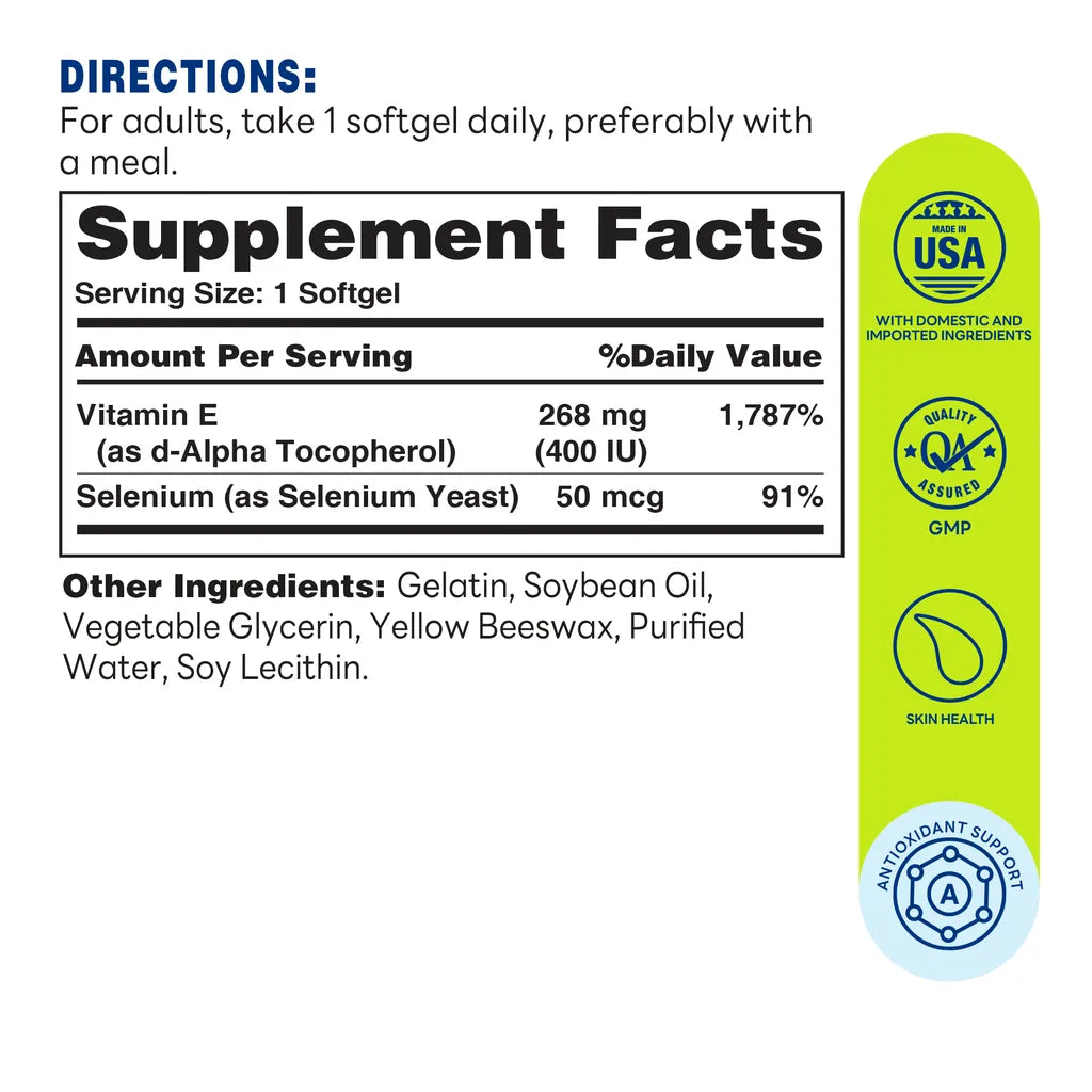 Vitamin E 400 IU with Selenium - 250 Softgels - Supplement Facts
