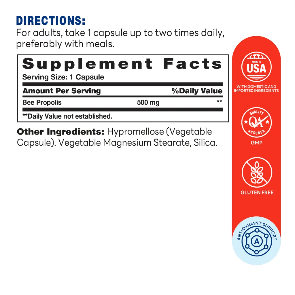 Bee Propolis 500mg - Antioxidant and Cell Support 200ct - Supplement Facts