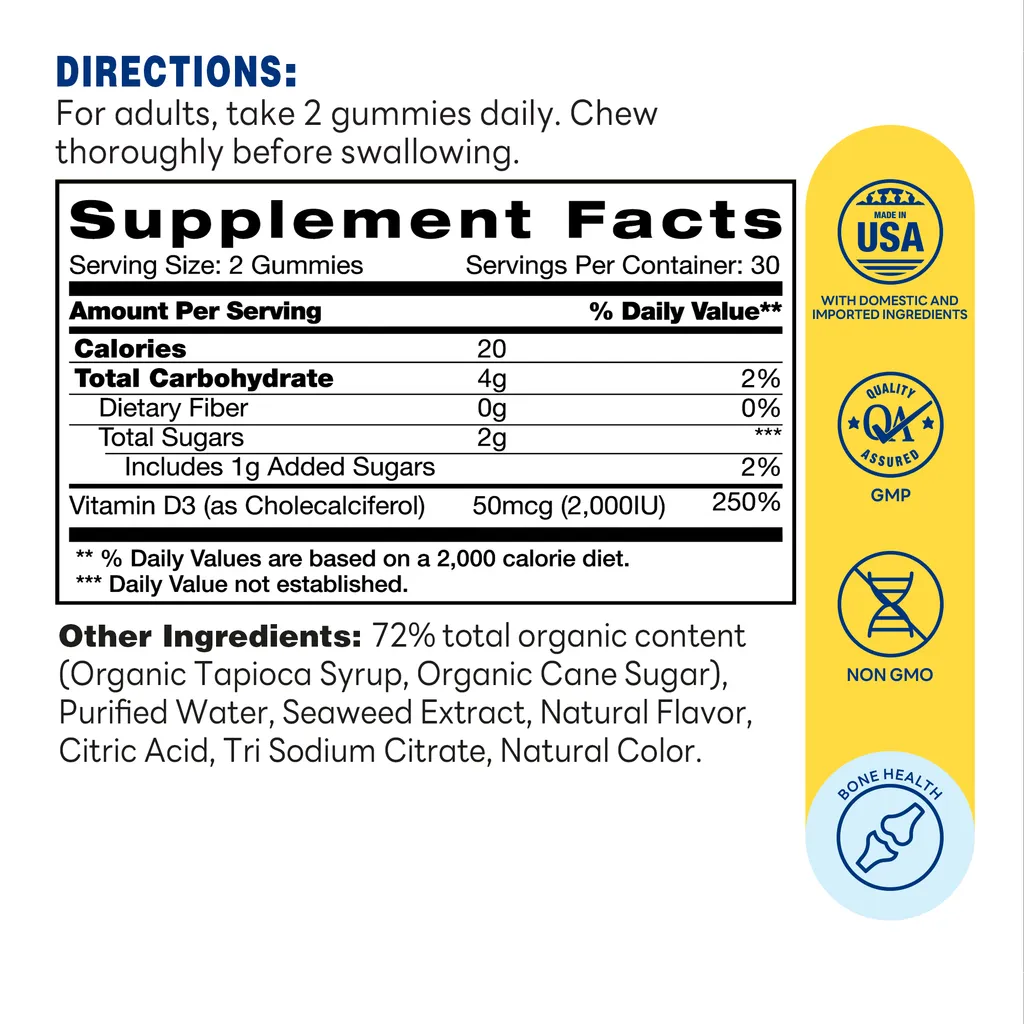 d-light Vitamin D3 (2,000IU 50mcg Gummy | 60ct - Supplement Facts