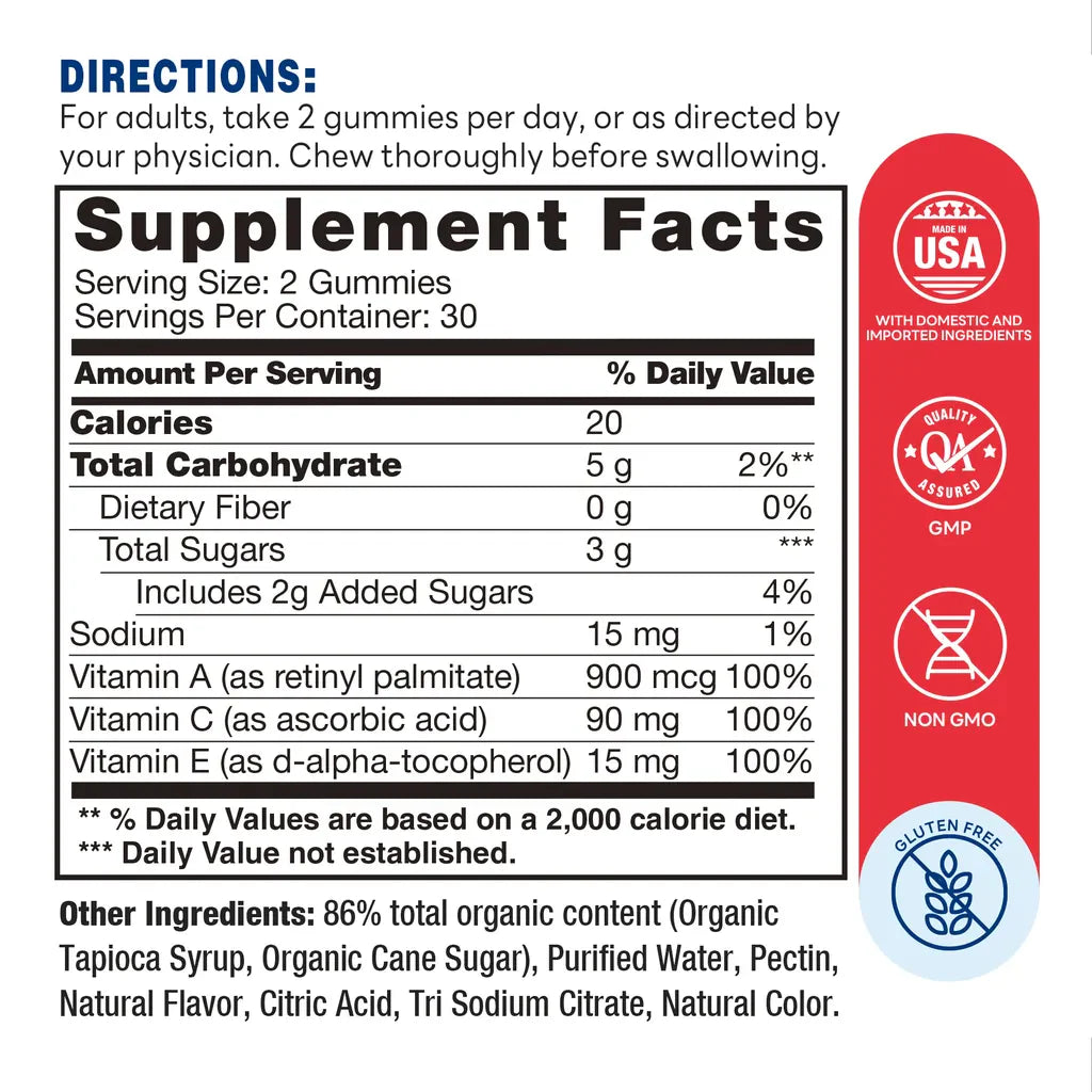 Eye Happy Gummies - vitamin A, C & E 60ct Gummy - Supplement Facts