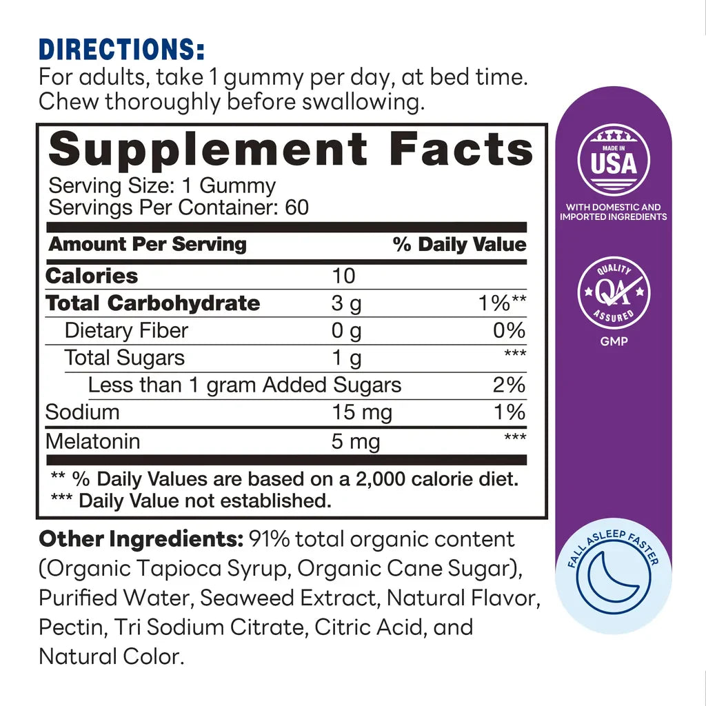 zZzPort Sleep Support Melatonin Gummies - 60 Gummies - Fall Asleep Faster and Stay Asleep Longer - Supplement Facts