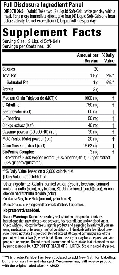Nitric Oxide Pre-Sport 60 Softgels - Supplement Facts
