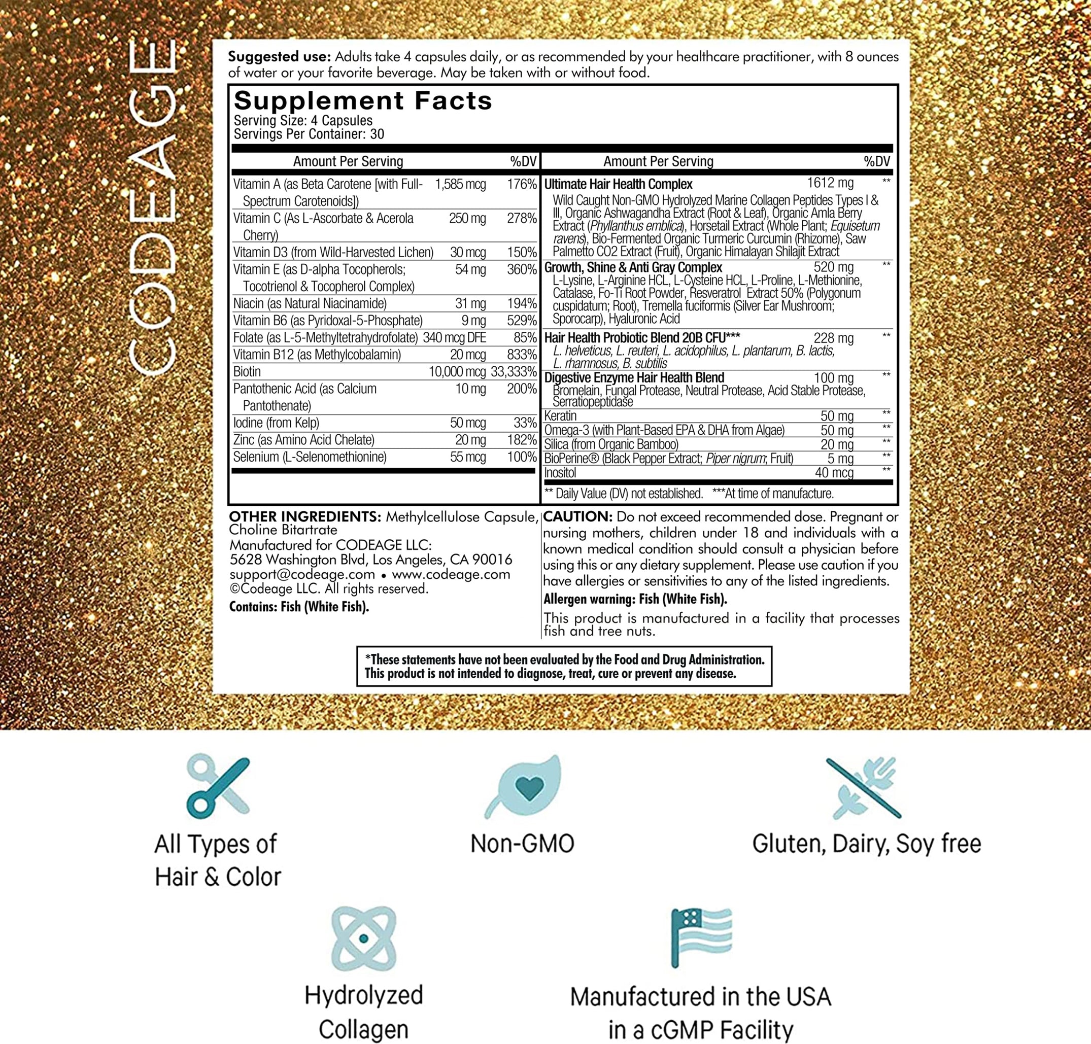 Codeage Hair Vitamins 10000 mcg Biotin, Keratin, Collagen, 120 Caps - Supplement Facts