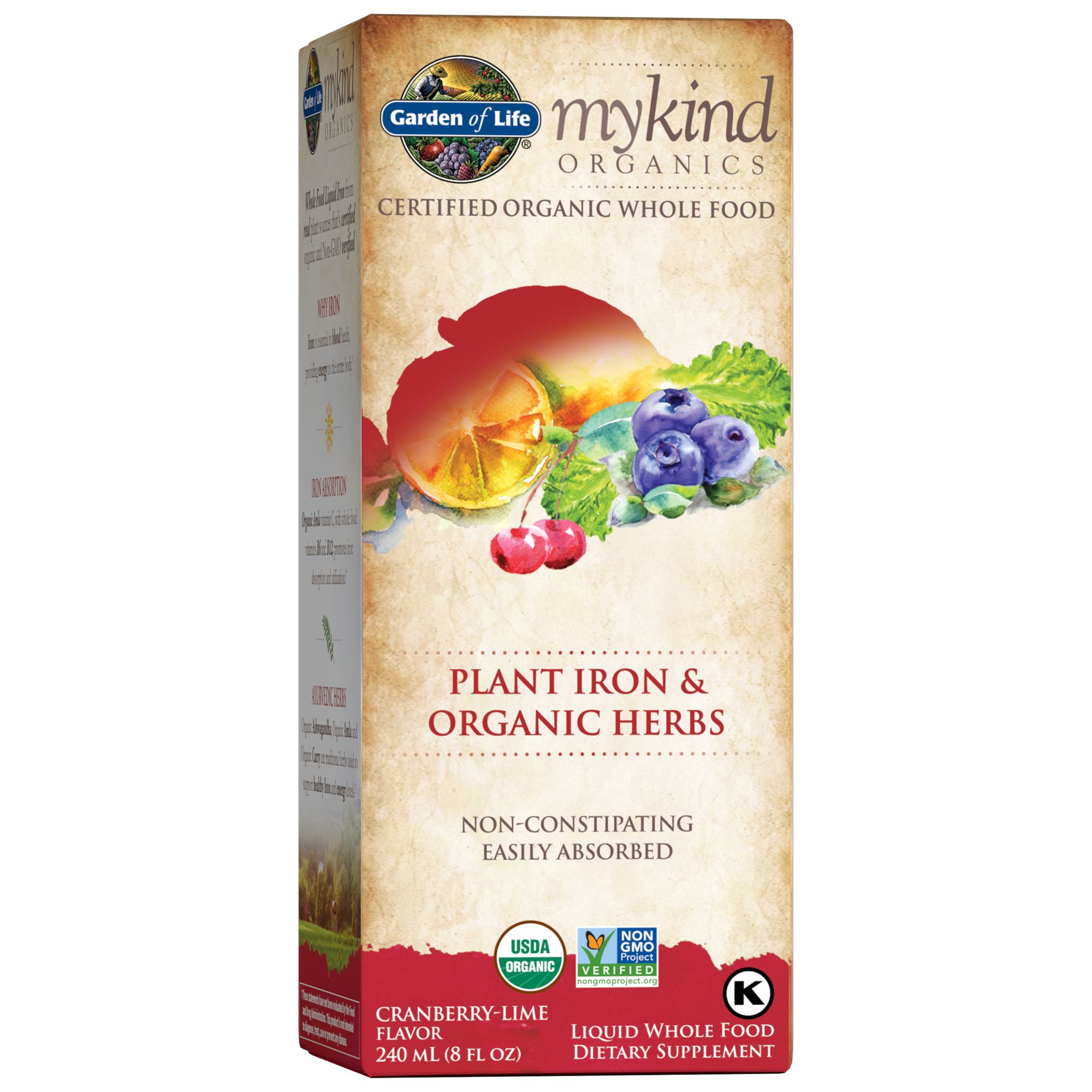 Hierro orgánico de origen vegetal + hierbas mykind Organics (líquido de arándano y lima)