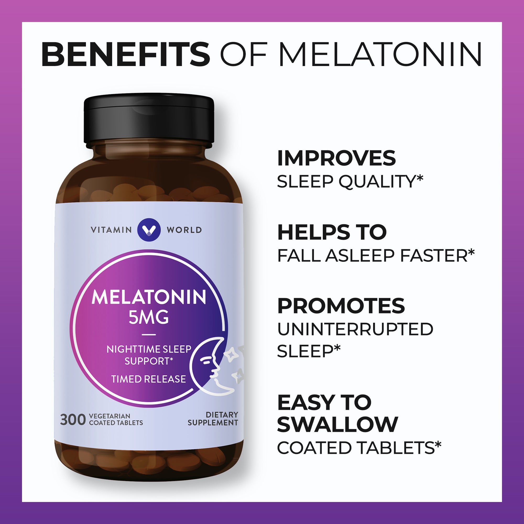 Extra Strength Melatonin Timed Release - 300 Tablets - Improves Sleep Quality, Helps to Fall Asleep Faster, Promotes Uninterrupted Sleep, Easy to Swallow Coated Tablets