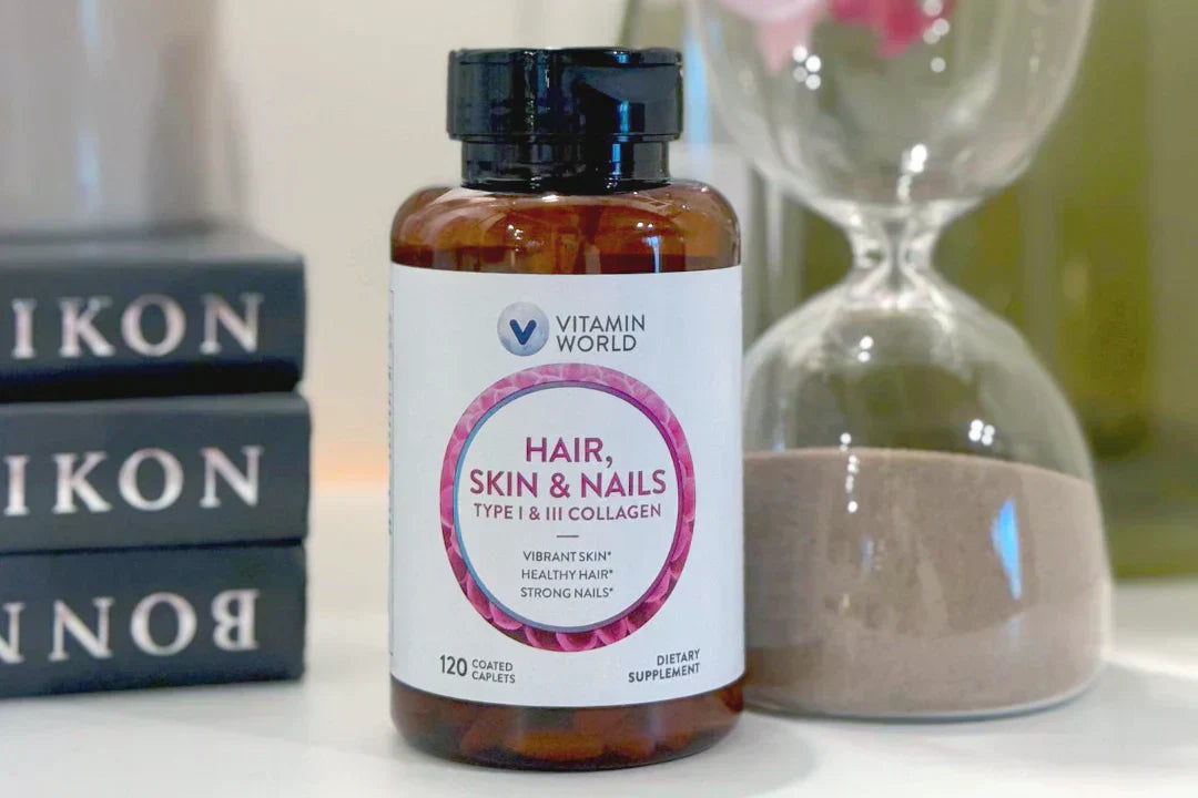 a bottle of Vitamin World collagen peptides, symbolizing healthy aging and skin nourishment from within.