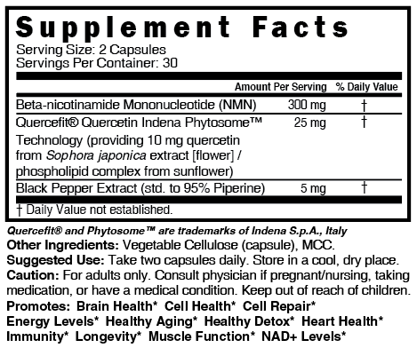 NMN + 300mg - 60 Vegan Capsules - Cell Energy, Brain Health - Supplement Facts