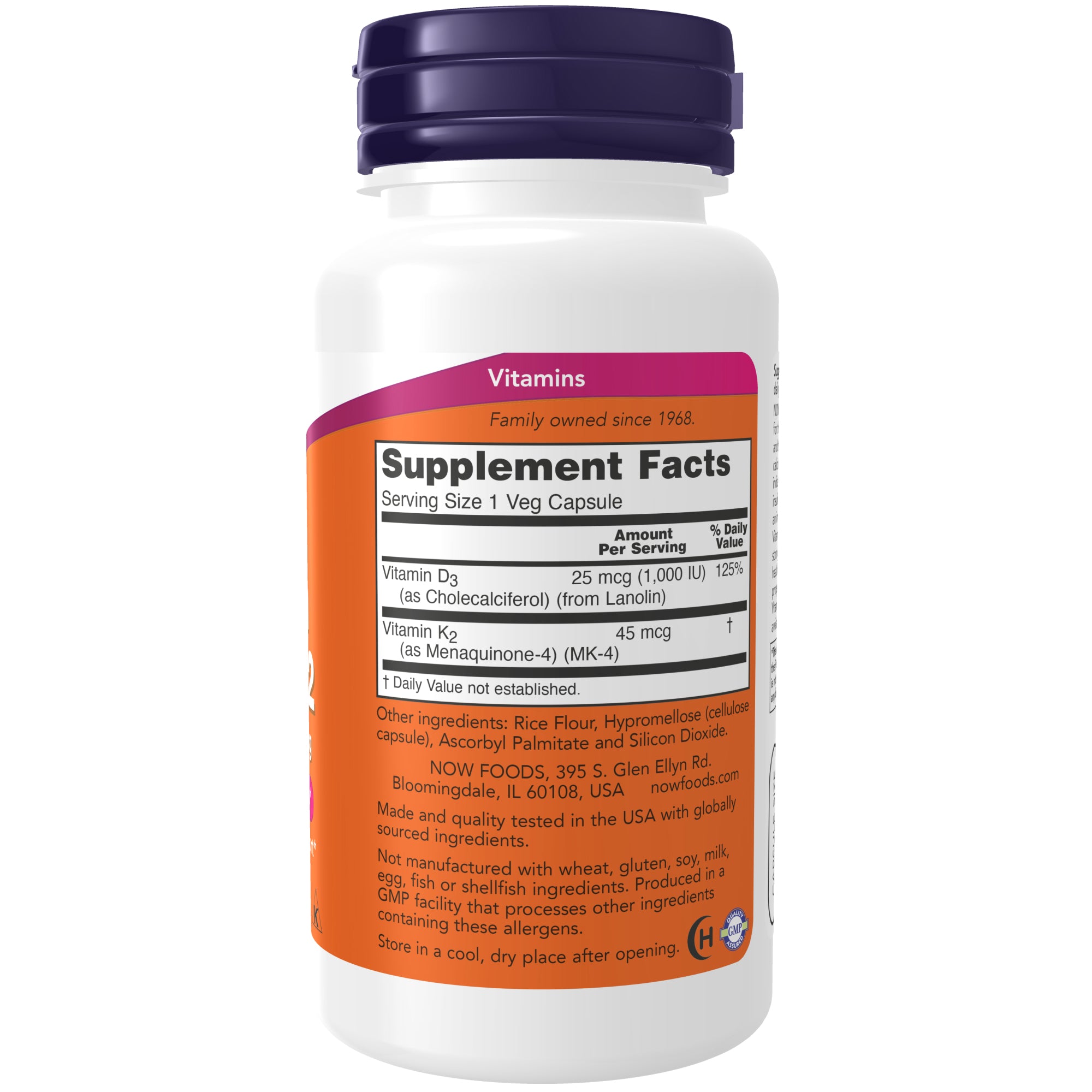 Vitamin D-3 & K-2, 1000 IU/45 mcg, Plus Cardiovascular Support*, Supports Bone Health*, 120 Veg Capsules - Supplement Facts