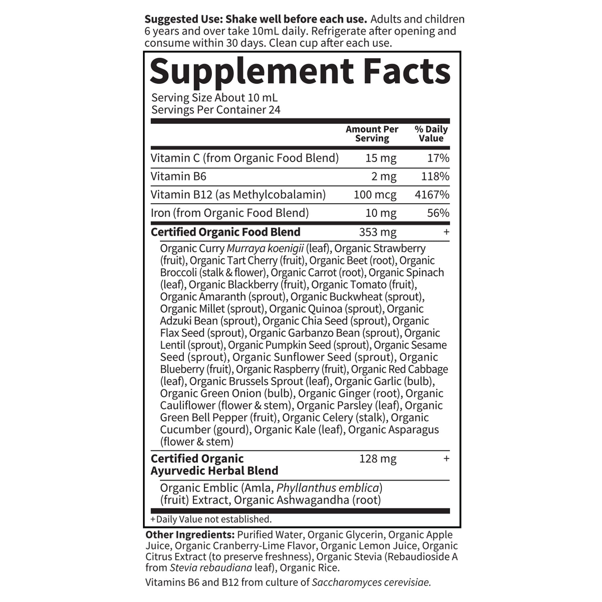 Hierro orgánico de origen vegetal + hierbas mykind Organics (líquido de arándano y lima)
