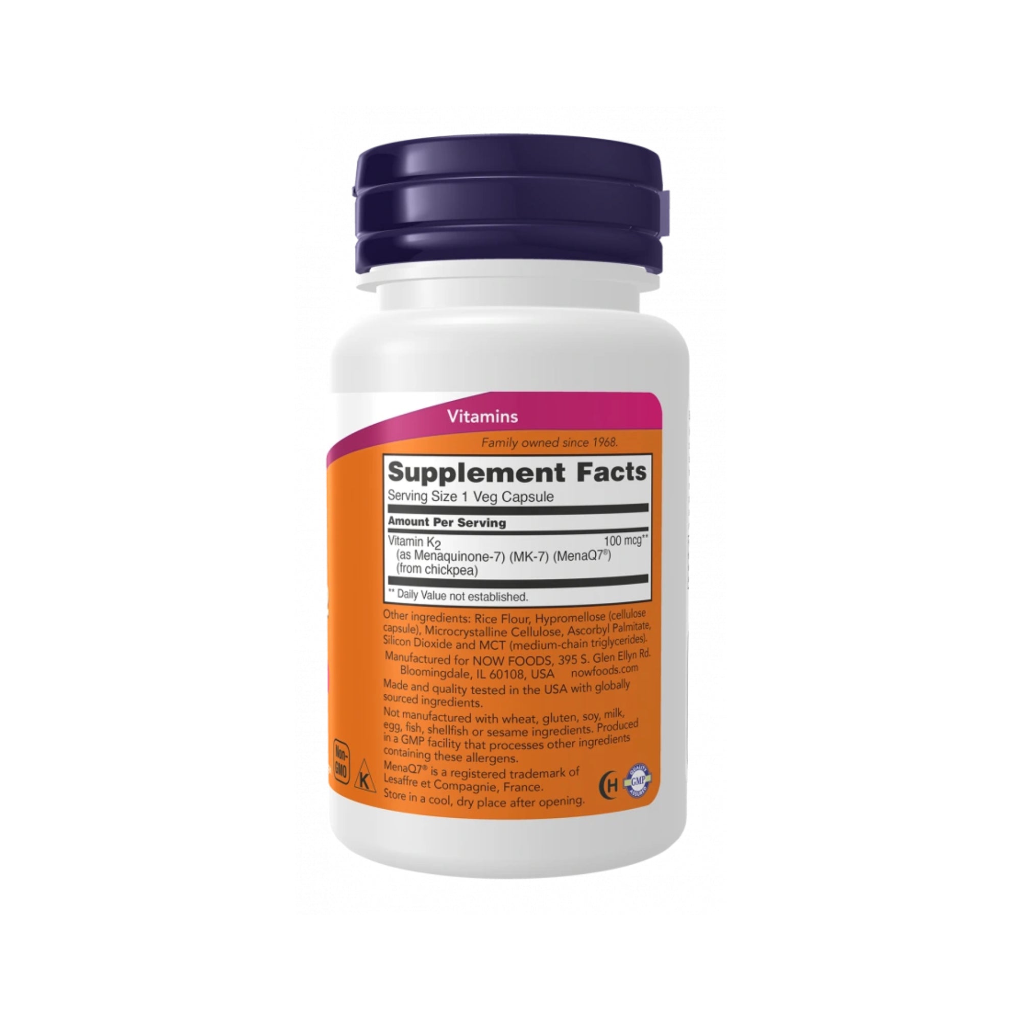 NOW MK-7 Vitamin K-2 100mcg 60ct Capsules - Supplement Facts
