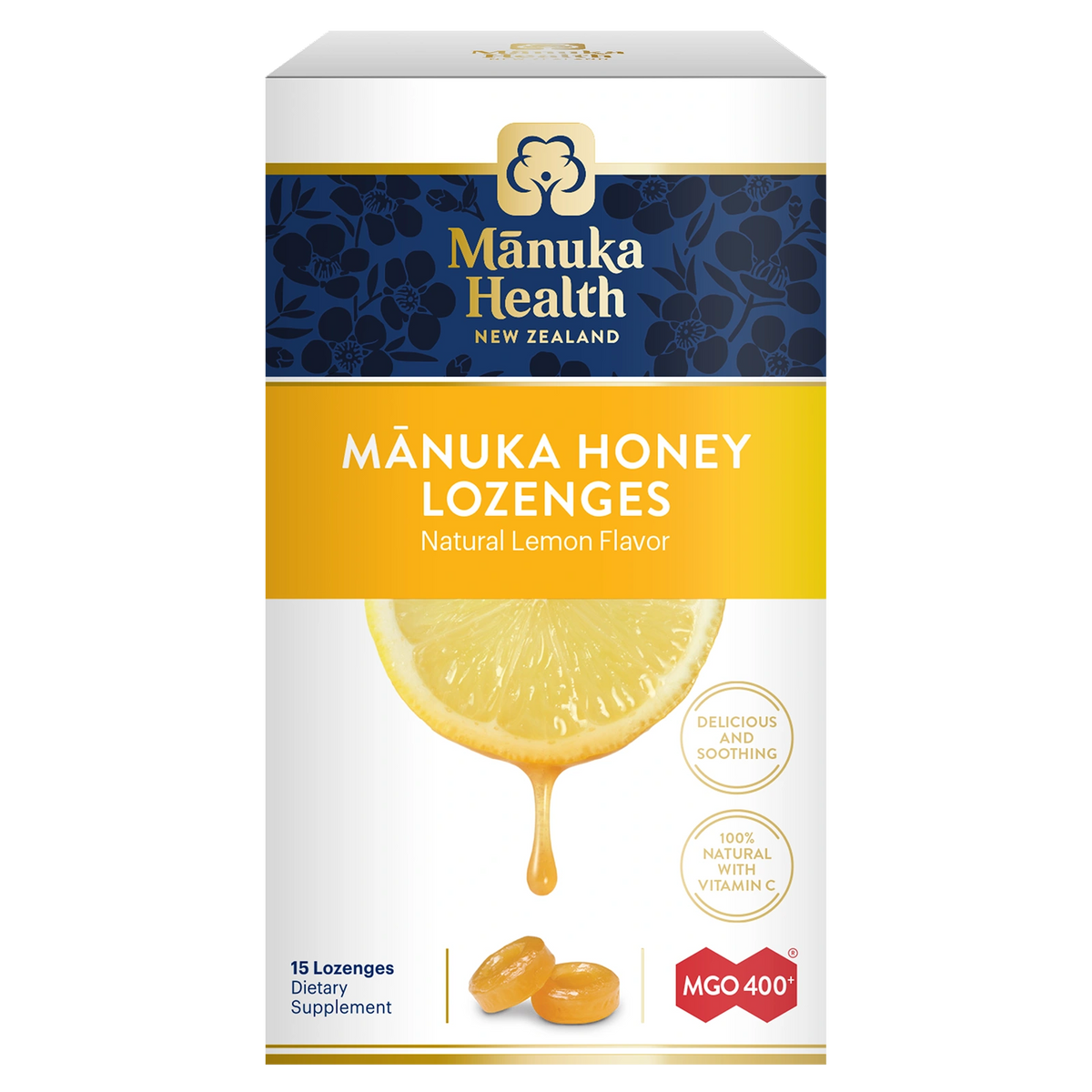 Manuka Health, Manuka Honey Lozenges, Natural Lemon, MGO 400+, 15 Lozenges_front