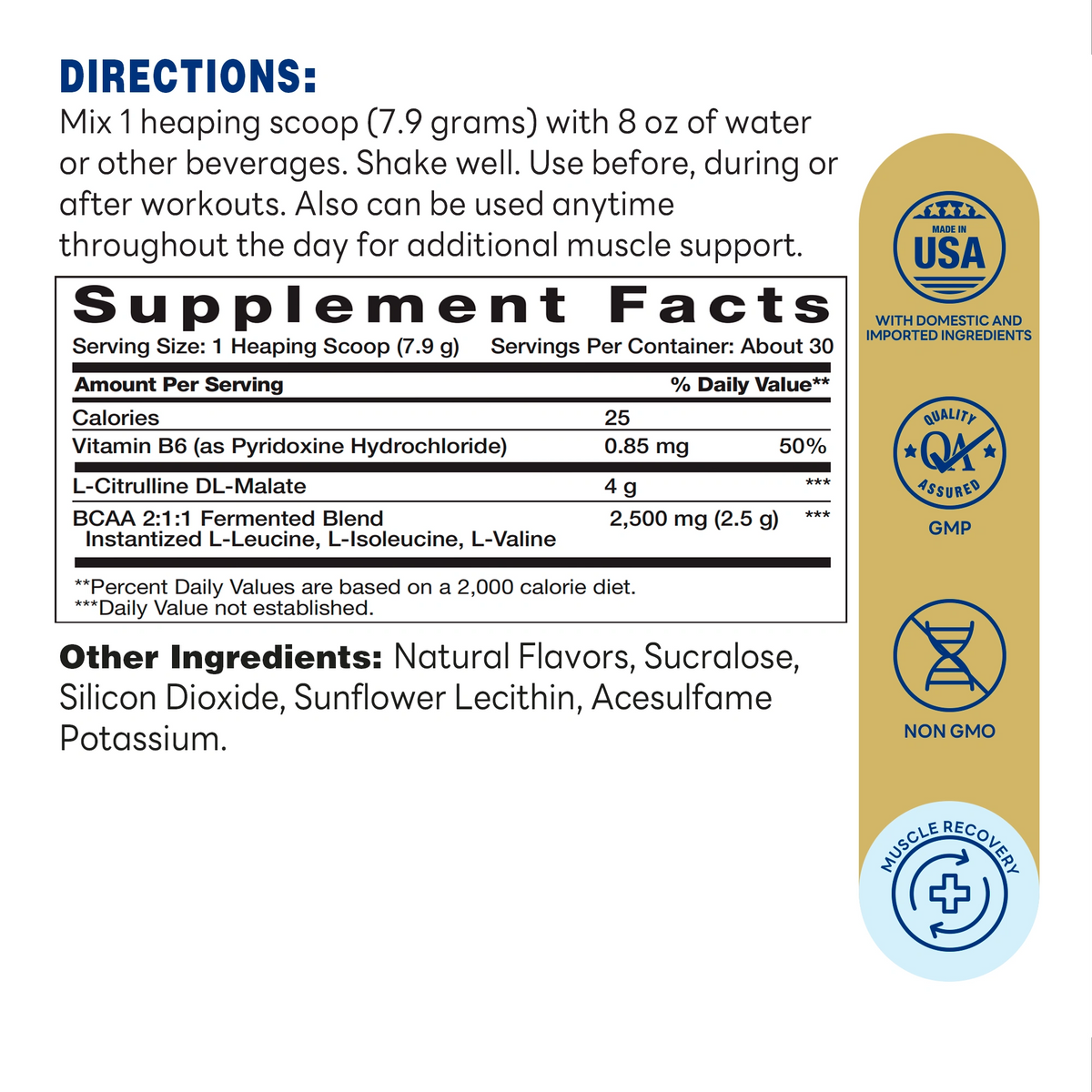 BCAA + Citrulline Pwd Citrus Orng Lmnd 390g - 8.15 OZ - Exercise Recovery, Muscle Protein Support, Fermented Amino Acids - Supplement Facts