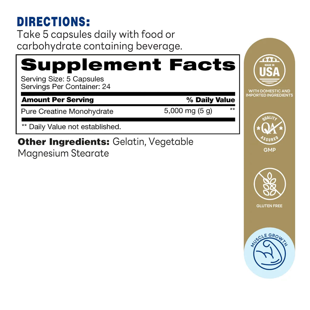 Creatine Monohydrate 1000MG, Muscle Building, Muscle Recovery, 120 Capsules - Supplement Facts