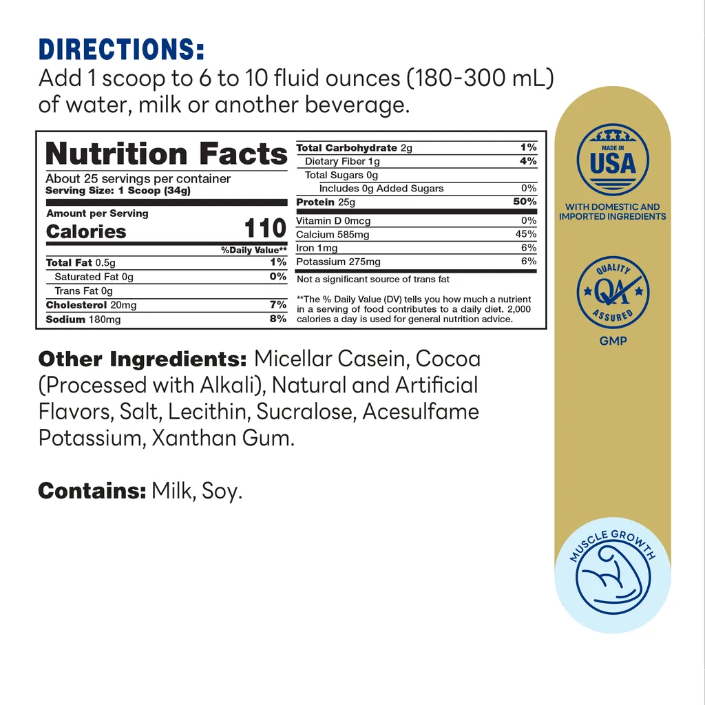  Casein Protein Powder Choc 1.87 lb - 25 Servings - Pure Micellar Casein, Triple Filtered, High Quality - Supplement Facts