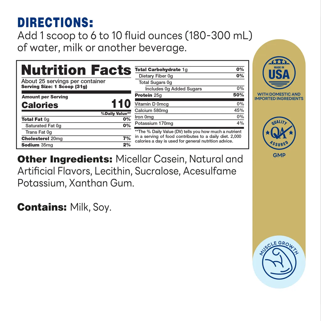  Casein Protein Vanilla 2lb - 25 Servings - Supplement Facts