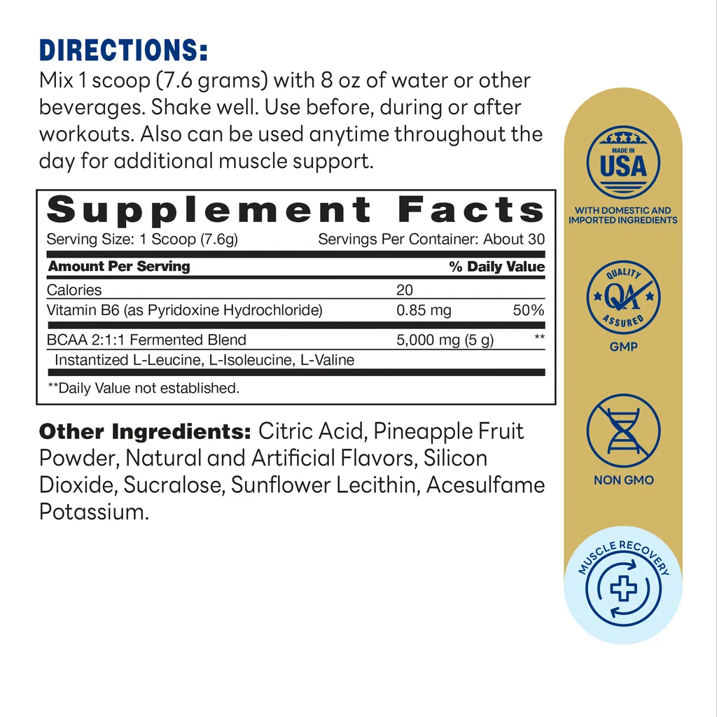 BCAA Powder Unflavored 300g - Muscle Protein Support, Exercise Recovery, Fermented Amino Acids - Supplement Facts