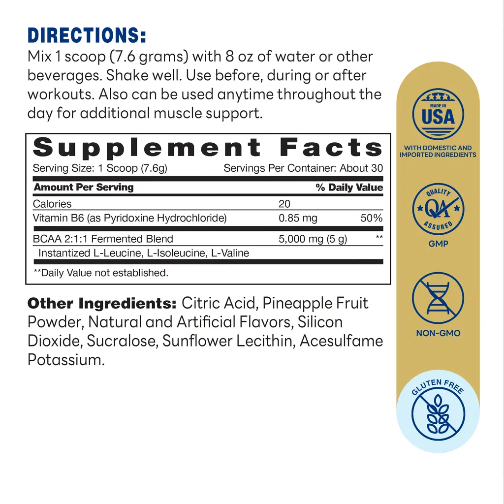 BCAA Powder Watermelon - 8.04 OZ - Muscle Protein Support, Exercise Recovery, Fermented Amino Acids - Supplement Facts