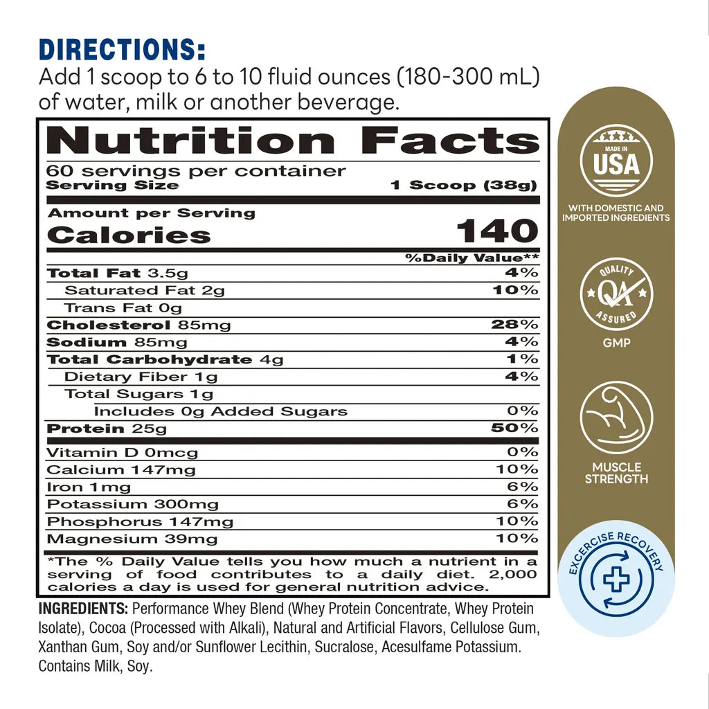 Whey Protein Deluxe Chocolate - 60 Servings - Muscle Size and Strength, Exercise Recovery, Muscle Performance - Supplement Facts