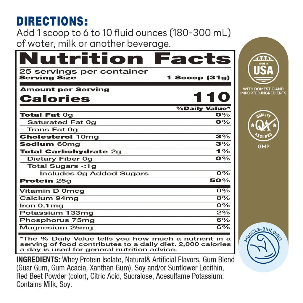 Whey Protein Isolate Strawberry - 25 Servings - 100% Whey Protein Isolate, Triple Filtered, Muscle-building - Supplement Facts
