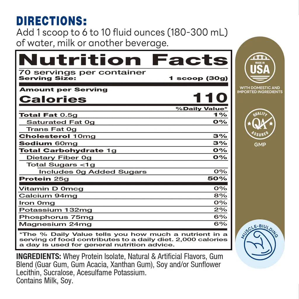 Whey Protein Isolate Vanilla - 70 Servings - 100% Whey Protein Isolate, Triple Filtered, Muscle-building - Supplement Facts