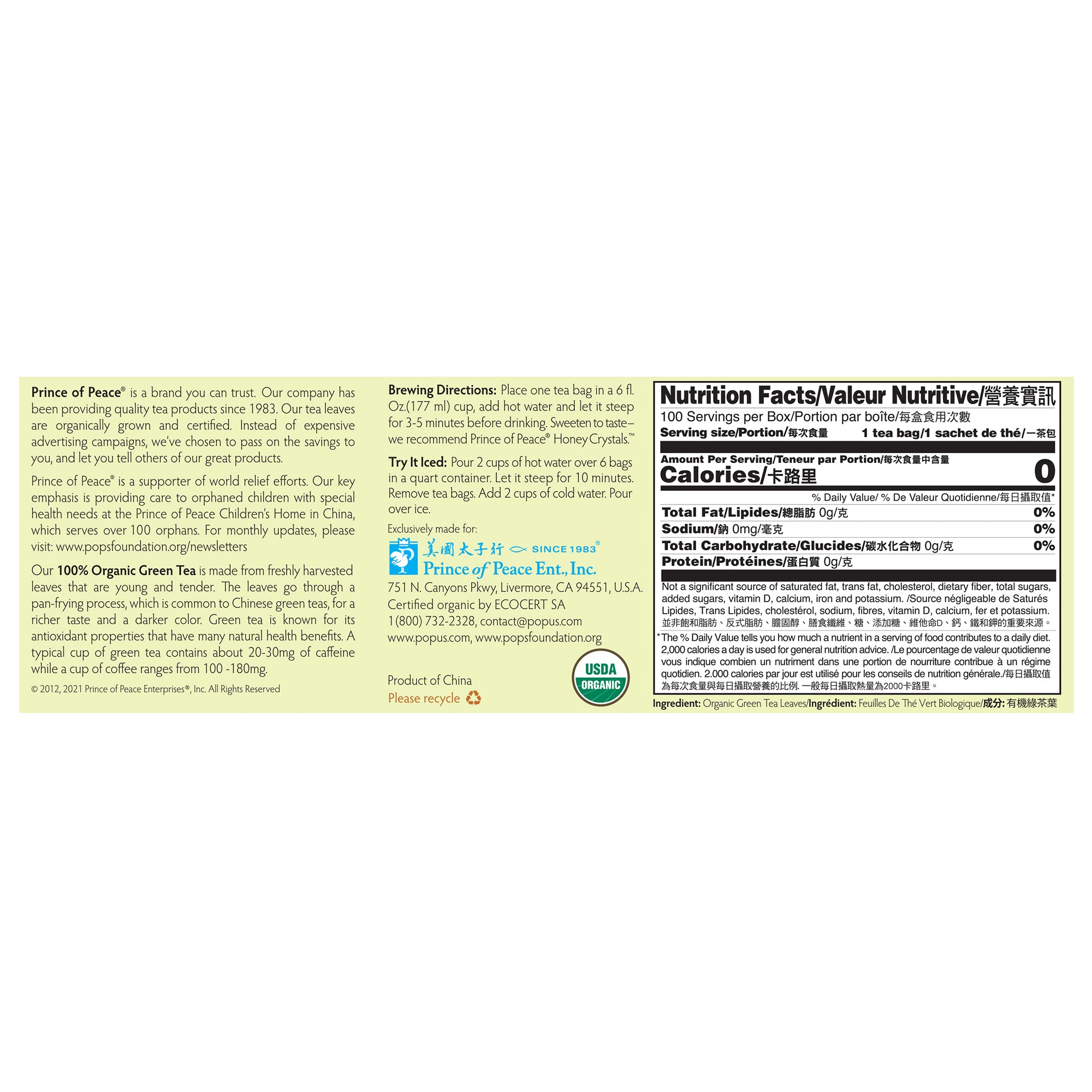 Prince of Peace-100% Organic Green Tea-100tea bags - Supplement Facts