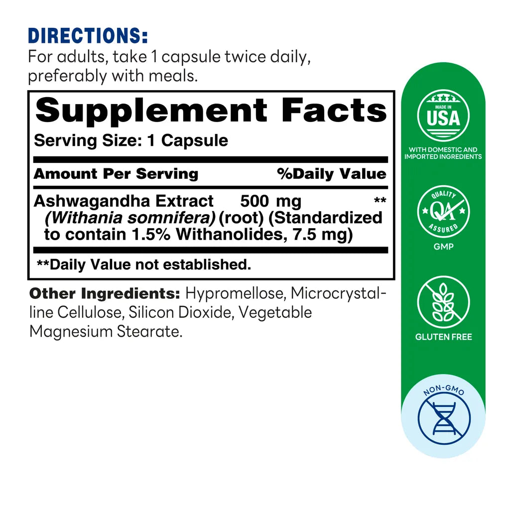 Ashwagandha 500 mg. - 60 Capsules - Mood Support, Immune System Support, Antioxidant Support - Supplement Facts