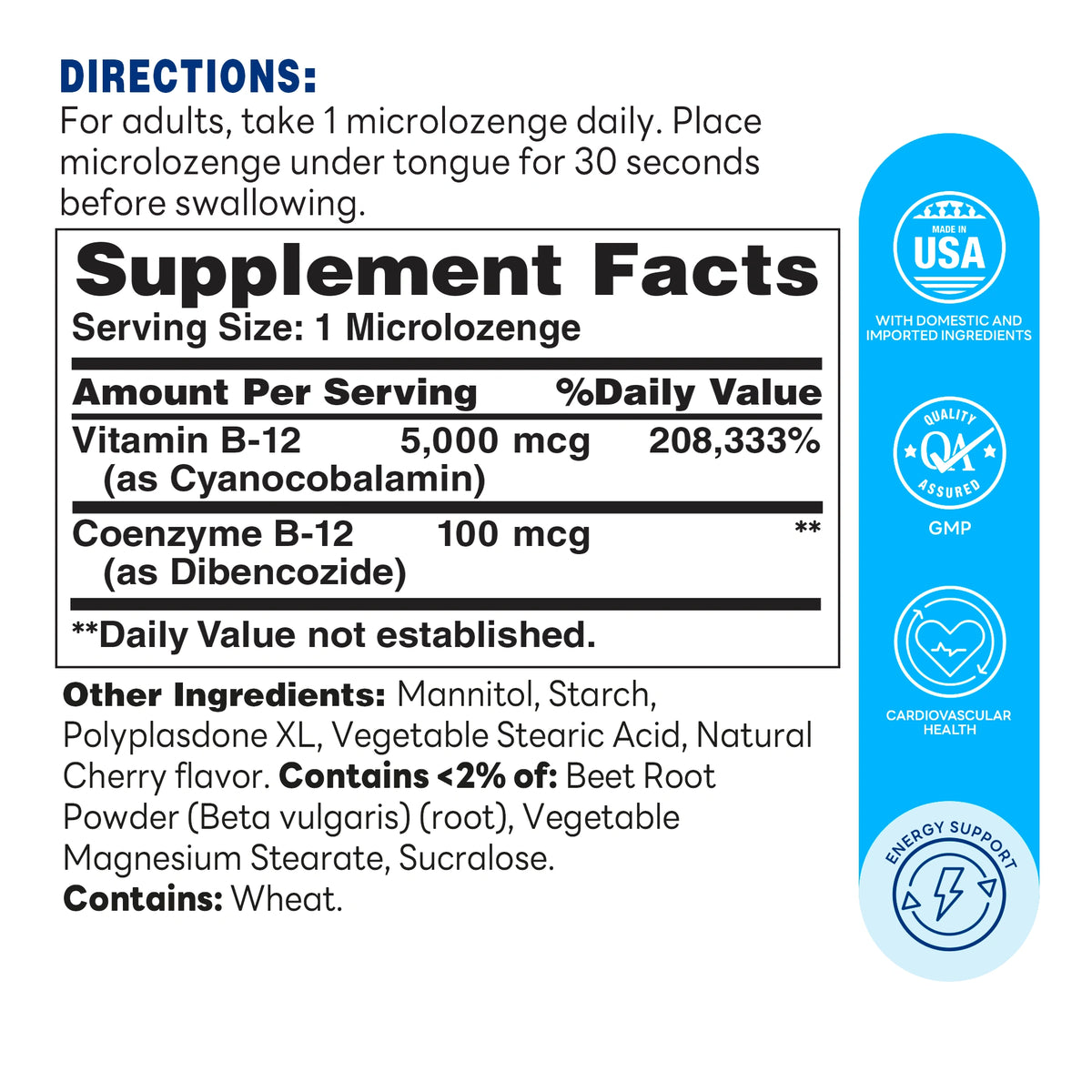 B-12 Sublingual Microlozenges 5000mcg  Tablet | 120ct - Supplement Facts