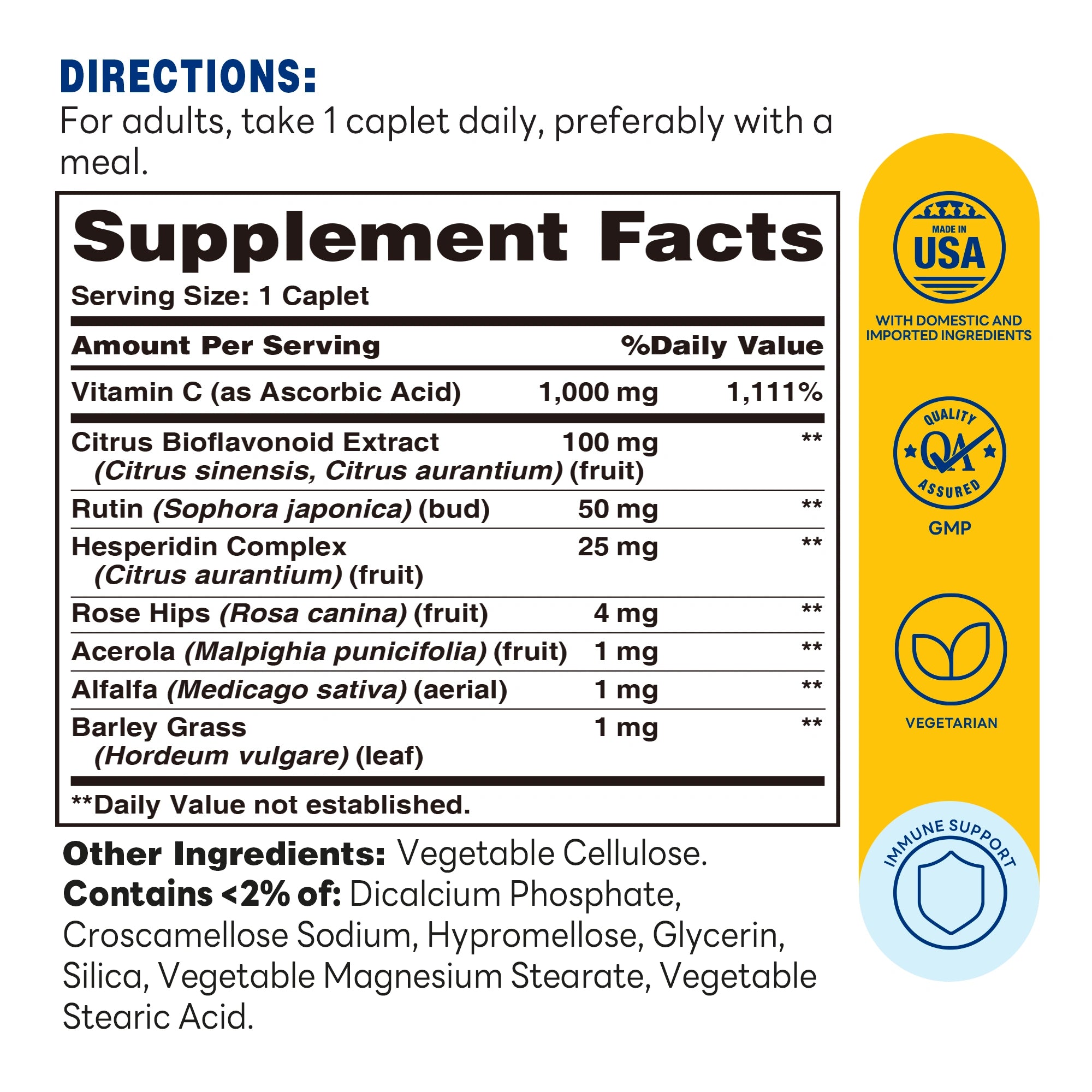 Vitamin C Complex for Immune Support -100 Caplets- Supplement Facts