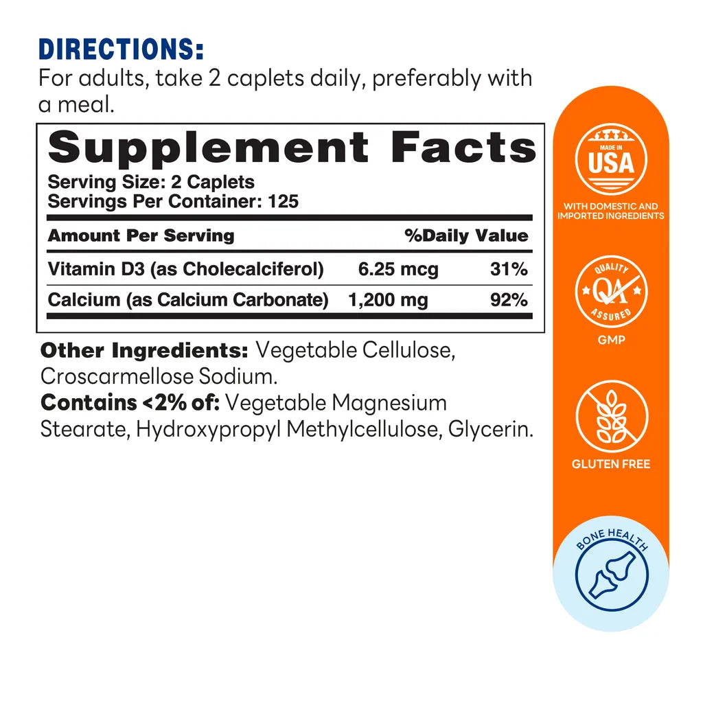 Calcium with Vitamin D3 600mg Caplet | 250ct - Supplement Facts