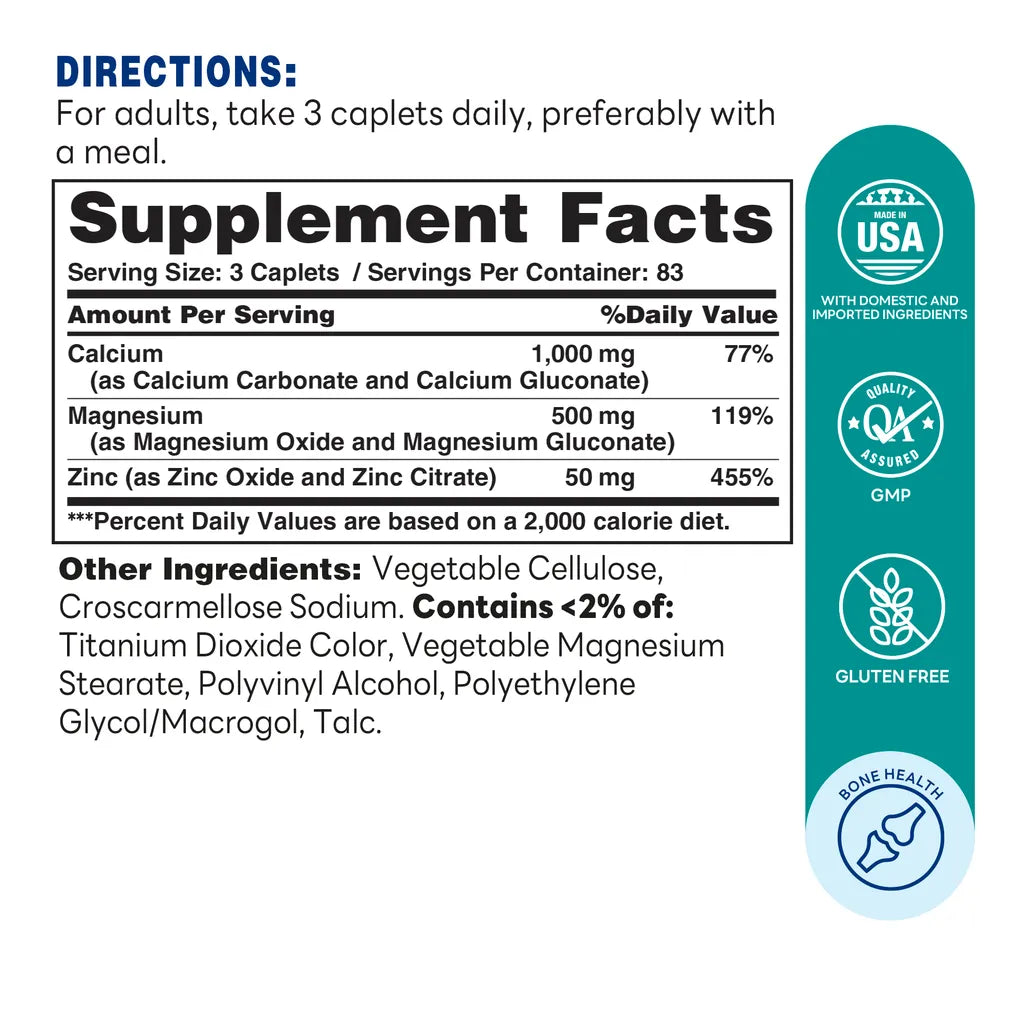 Calcium Magnesium Zinc for Bones and Teeth - 250 Caplets - Supplement Facts