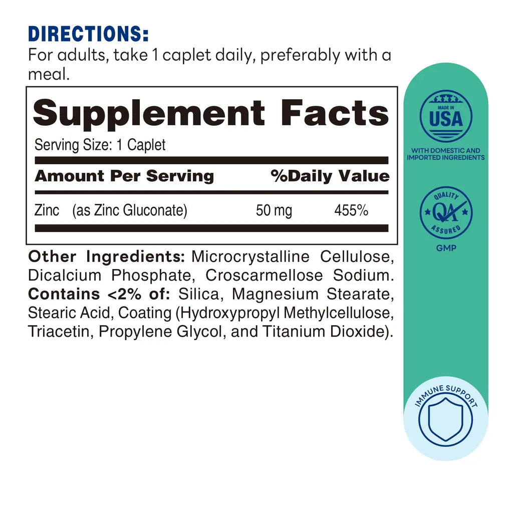 Chelated Zinc Mineral Supplement - 250 Caplets - Immune Support - Supplement Facts