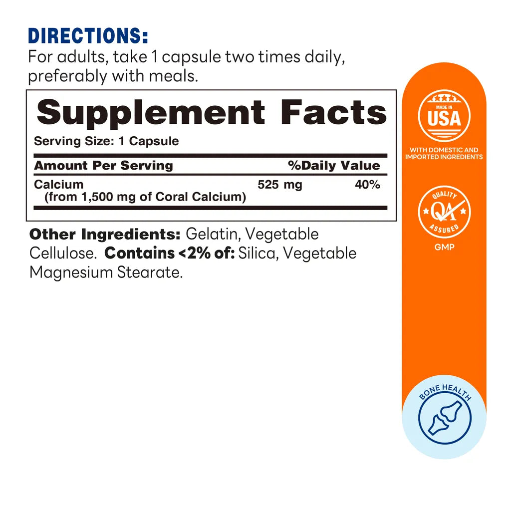 Coral Calcium 1500 mg. - 120 Capsules - Bone Health - Supplement Facts