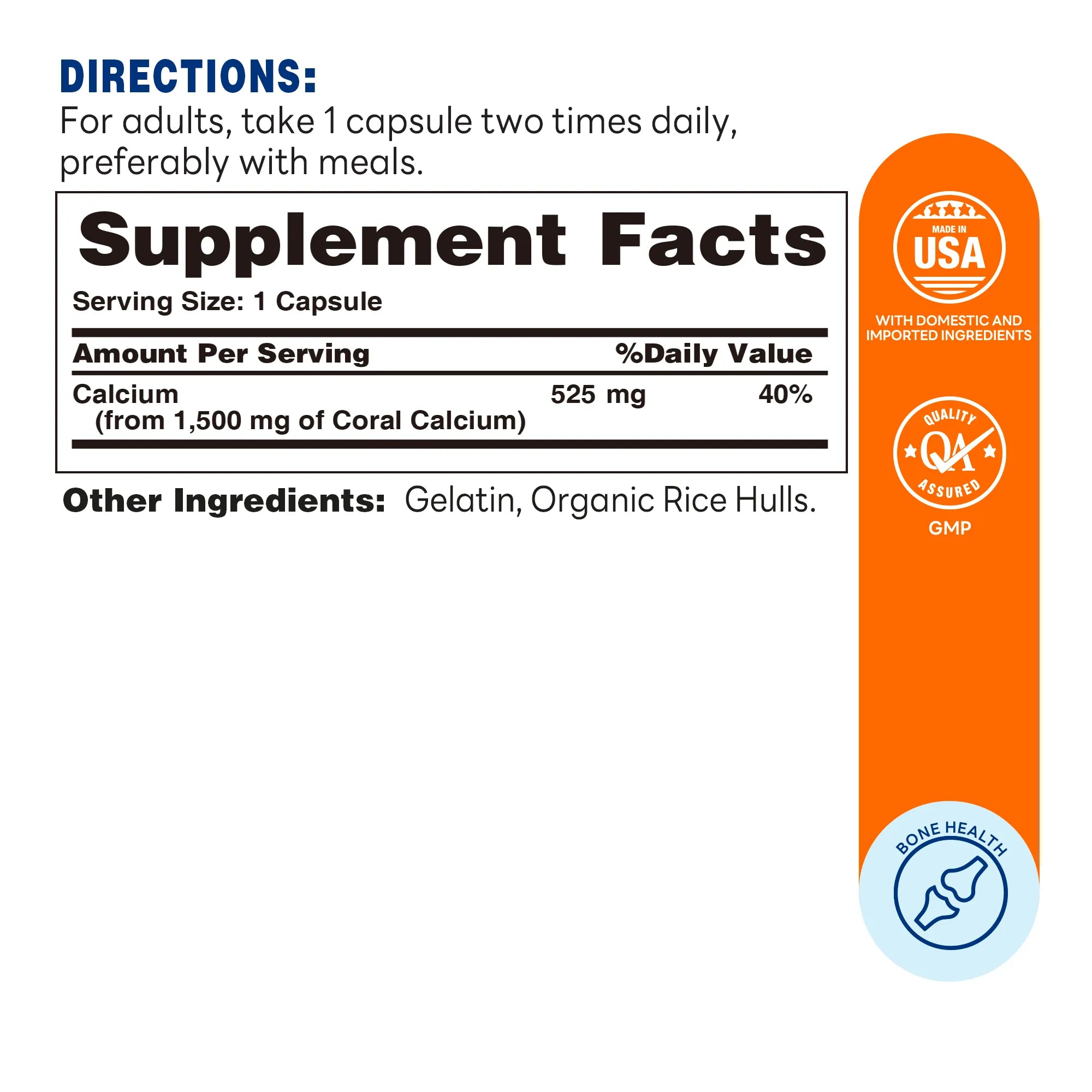 Coral Calcium 1500 mg. - 120 Capsules - Bone Health - Supplement Facts