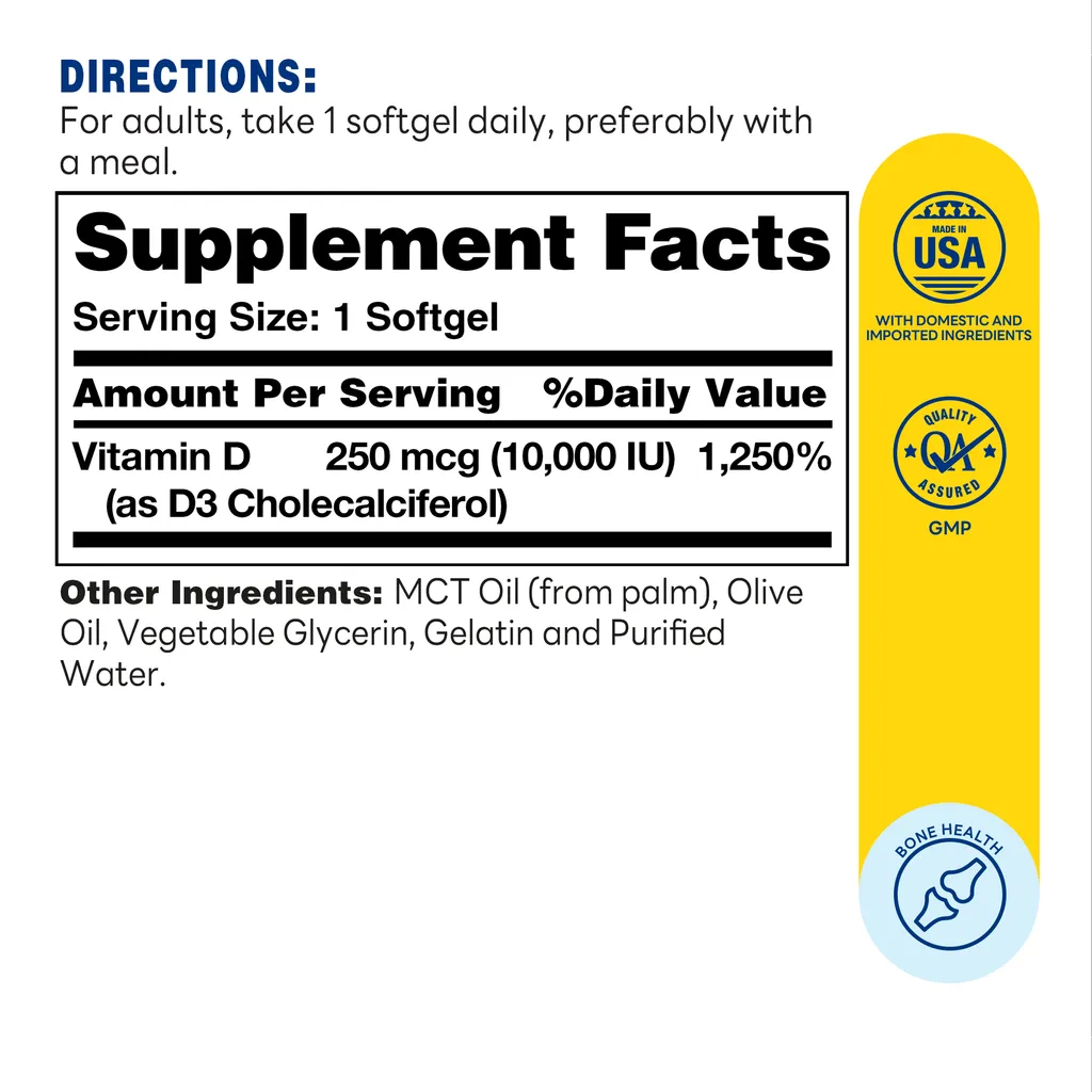 Vitamin D3 (10,000 IU 250mcg  Softgel | 100ct - Supplement Facts