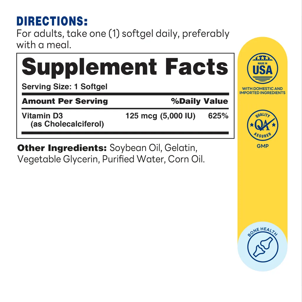 Mega Potency Vitamin D3 - 500 Softgels - Elevate Your Mood and Boost the Immune System - Supplement Facts