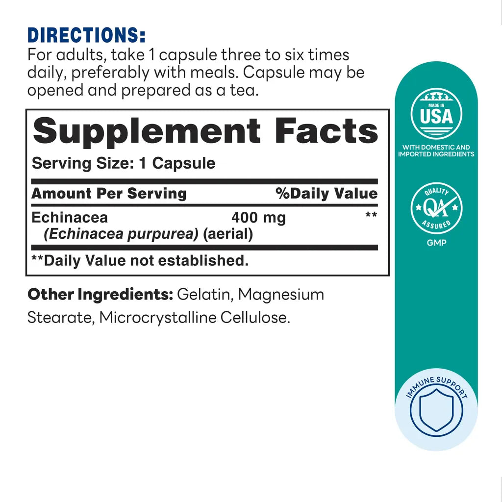 Echinacea 400mg - Immune Support - 200 capsules - Supplement Facts
