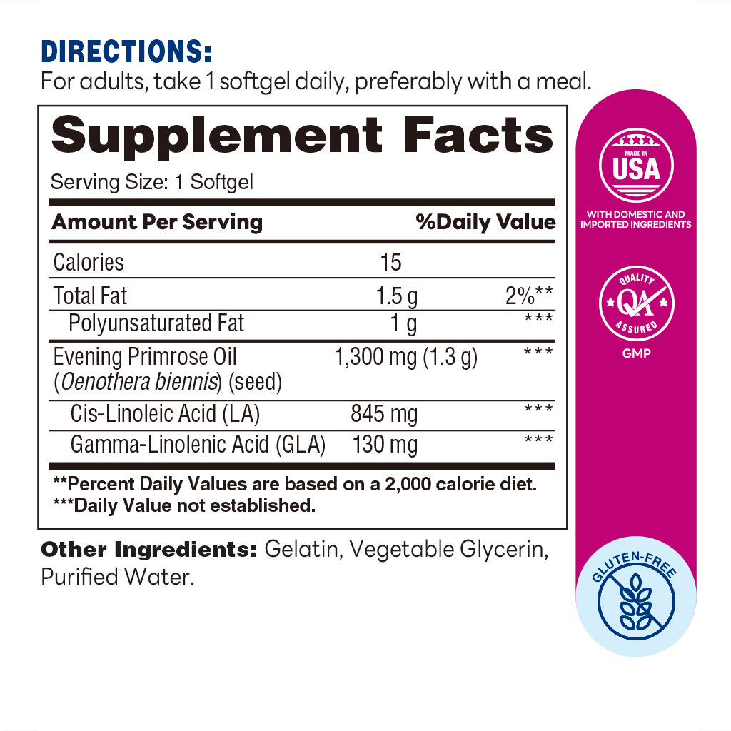 Evening Primrose Oil Rapid Release Softgels 1300mg  Softgel | 90ct | Supplement Facts