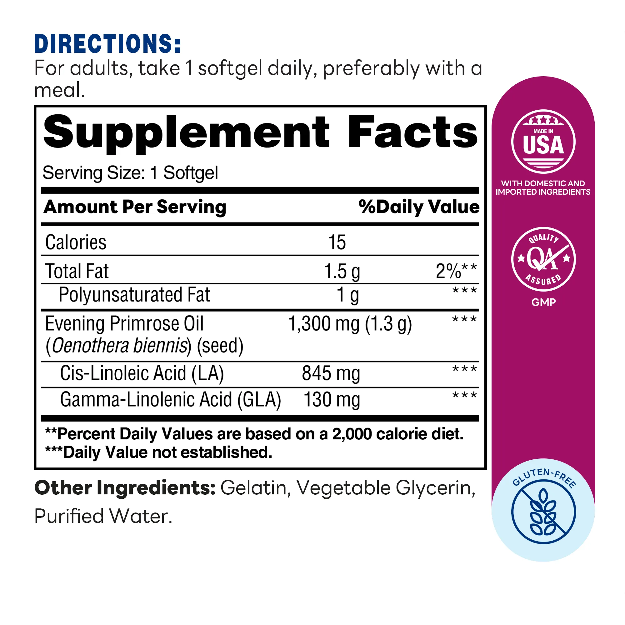 Evening Primrose Oil Rapid Release Softgels 1300mg  Softgel | 90ct | Supplement Facts