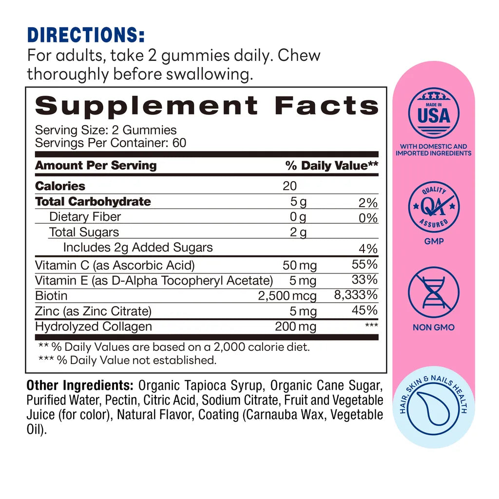 Hair, Skin & Nail Gummies with Biotin & Collagen 200mg - 120 Gummies - Supplement Facts