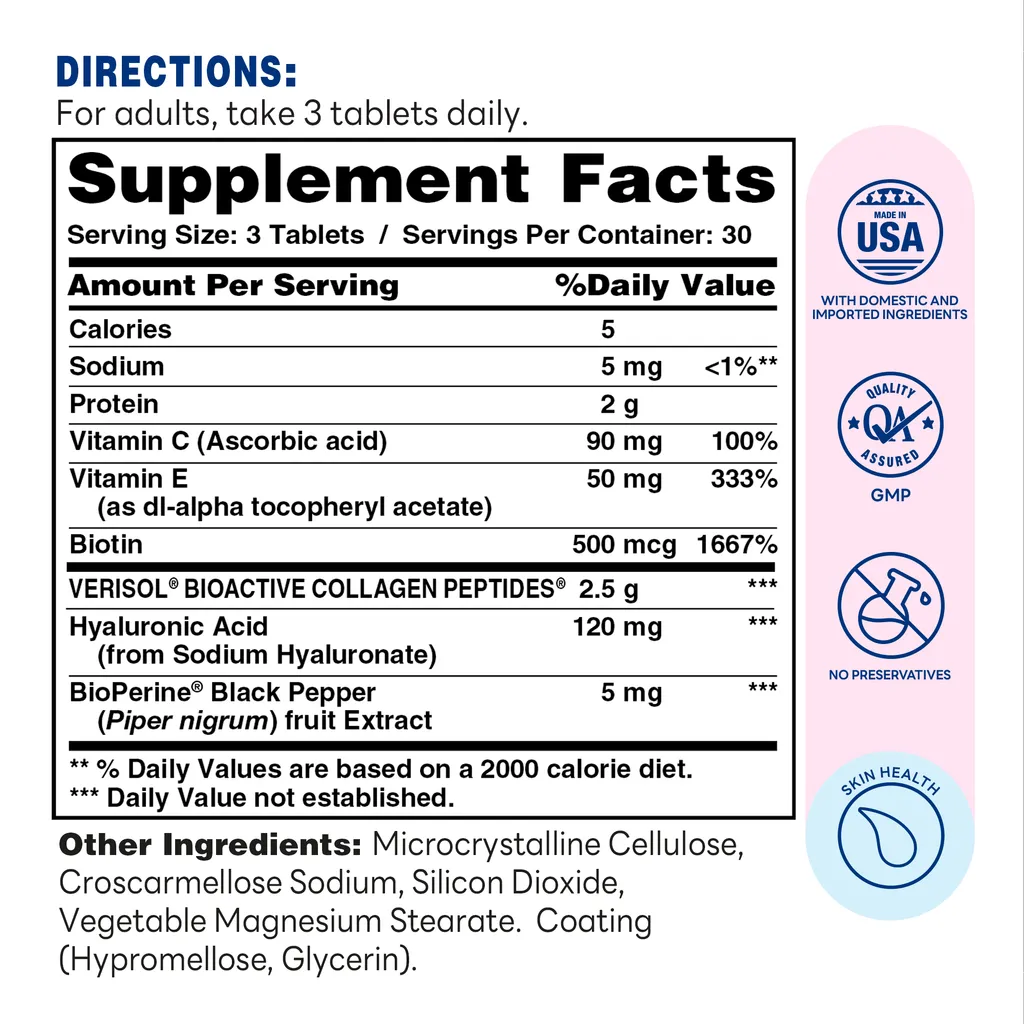 Hair Skin & Nails Formula with Hyaluronic Acid & Collagen Peptides - 90 Tablets - Supplement Facts