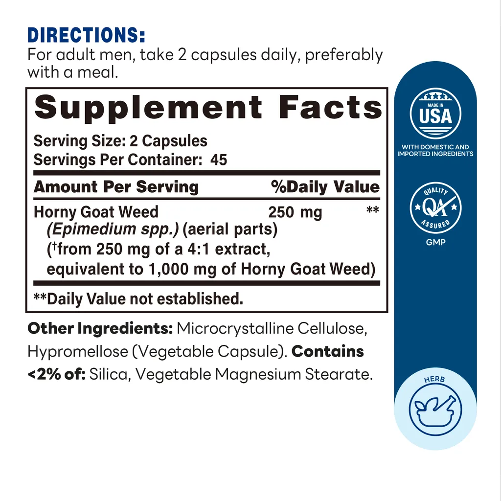 Horny Goat Weed 1000 mg - 90 Capsules - Energy and Vitality, Supports Sexual Well-being, Aids in Athletic Performance - Supplement Facts