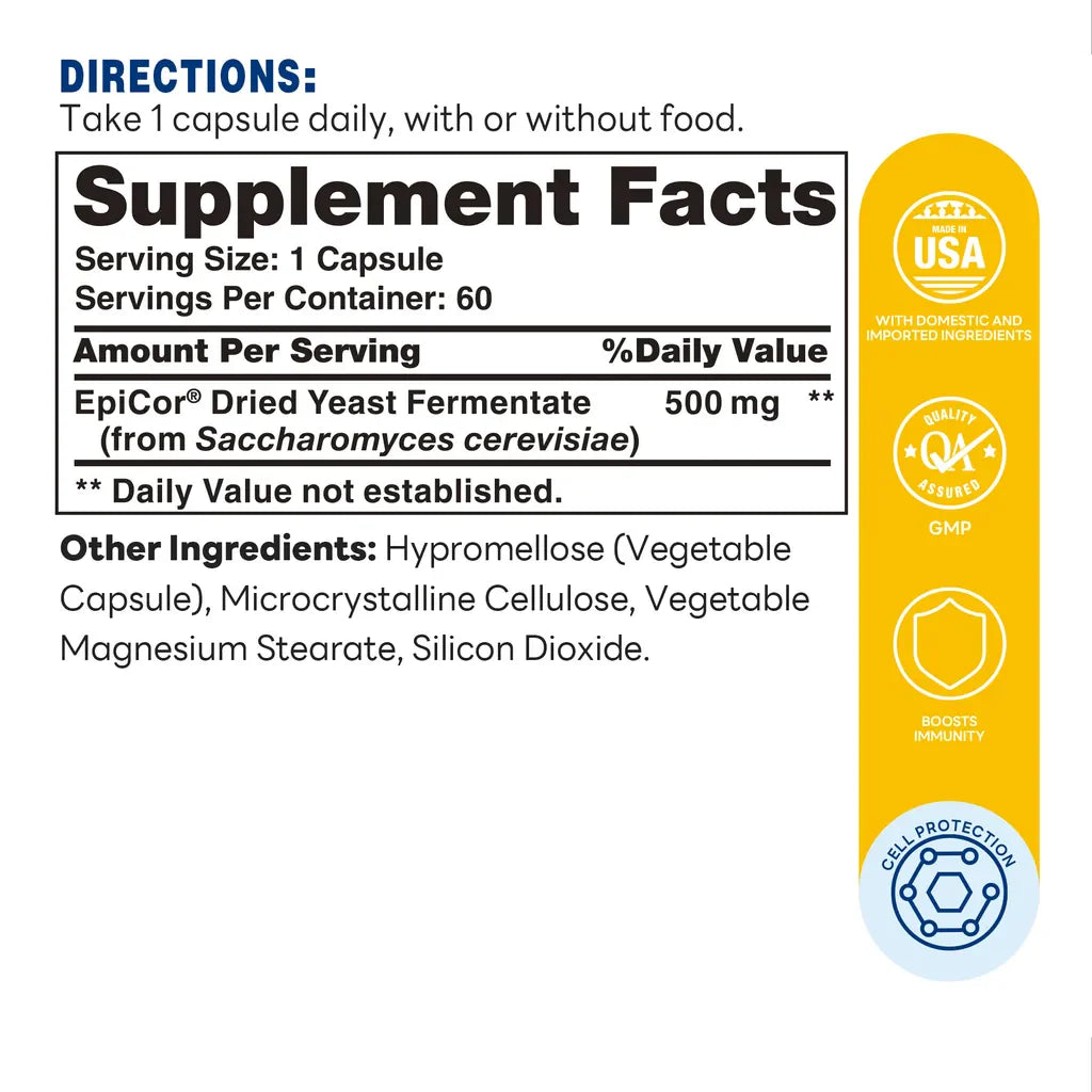 Immune Boost with EpiCor 500mg - 60 Capsules - Boosts Immunity, Cell Protection, Stay Healthy - Supplement Facts