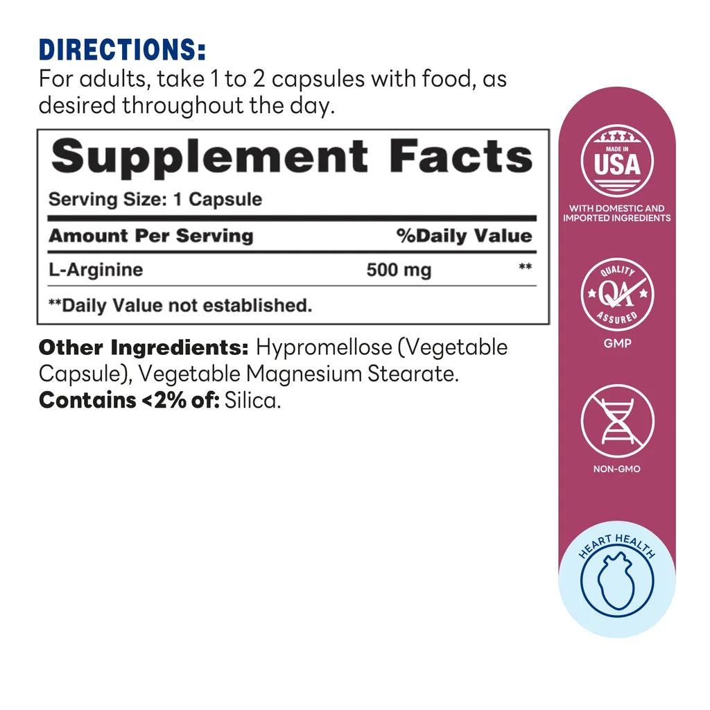 L-Arginine 500mg 100cap - Heart Health, Supports Sexual Wellbeing, Aids in Athletic Performance - Supplement Facts