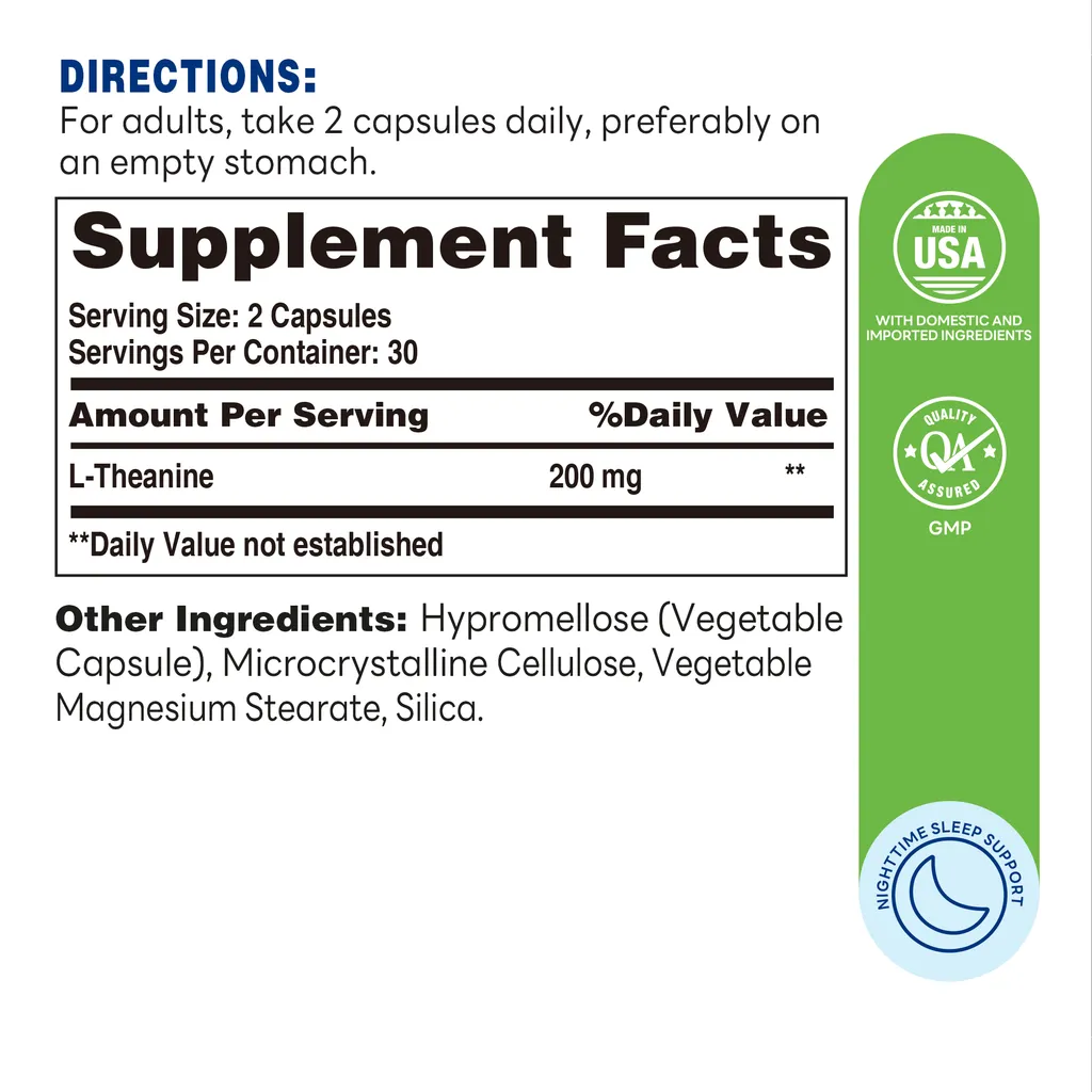 L-Theanine 100MG Rapid Release Capsules - 60 Capsules - Stress Relief, Supports A Calm, Relaxed Mood - Supplement Facts