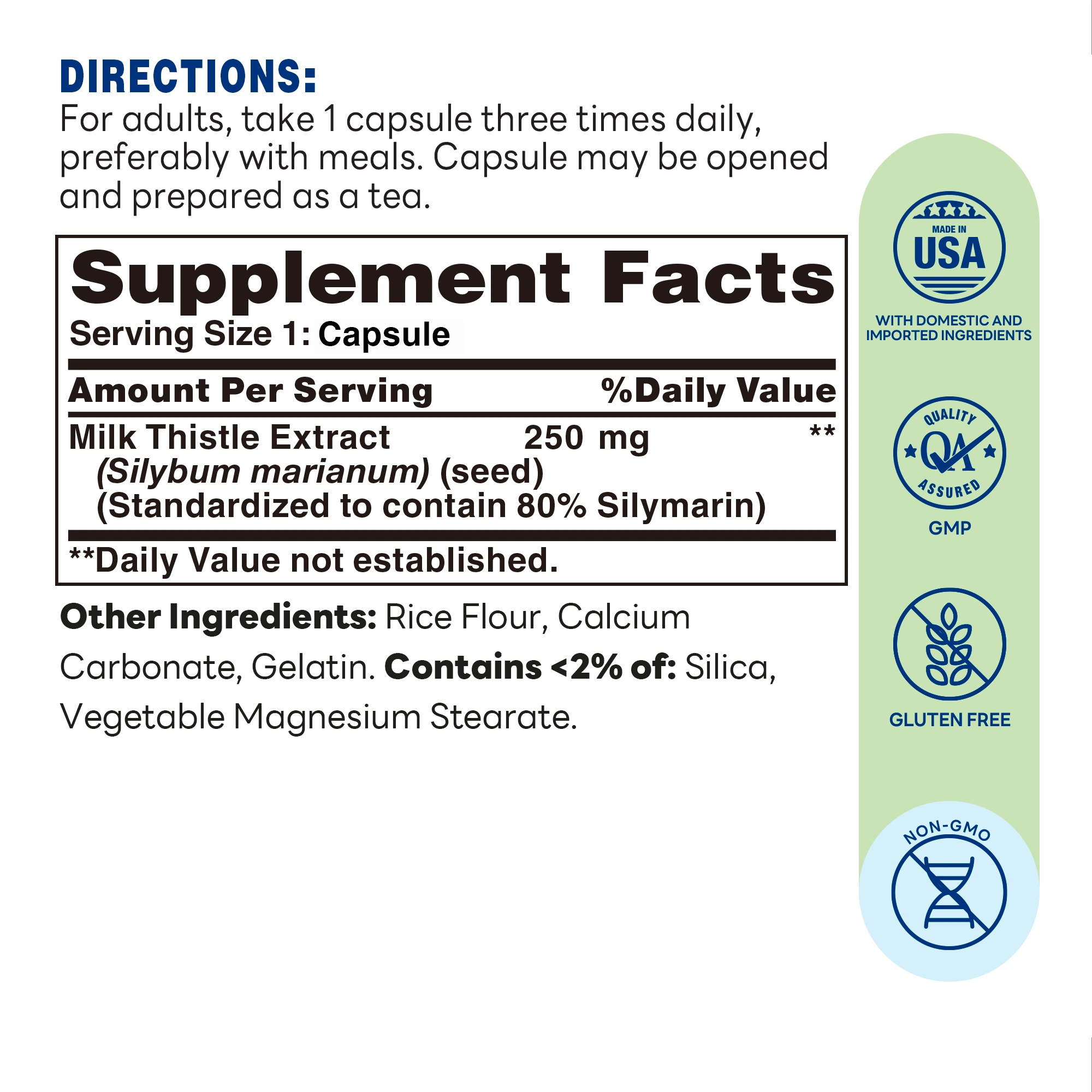Milk Thistle for Liver Support - 100 Capsules - Supplement Facts