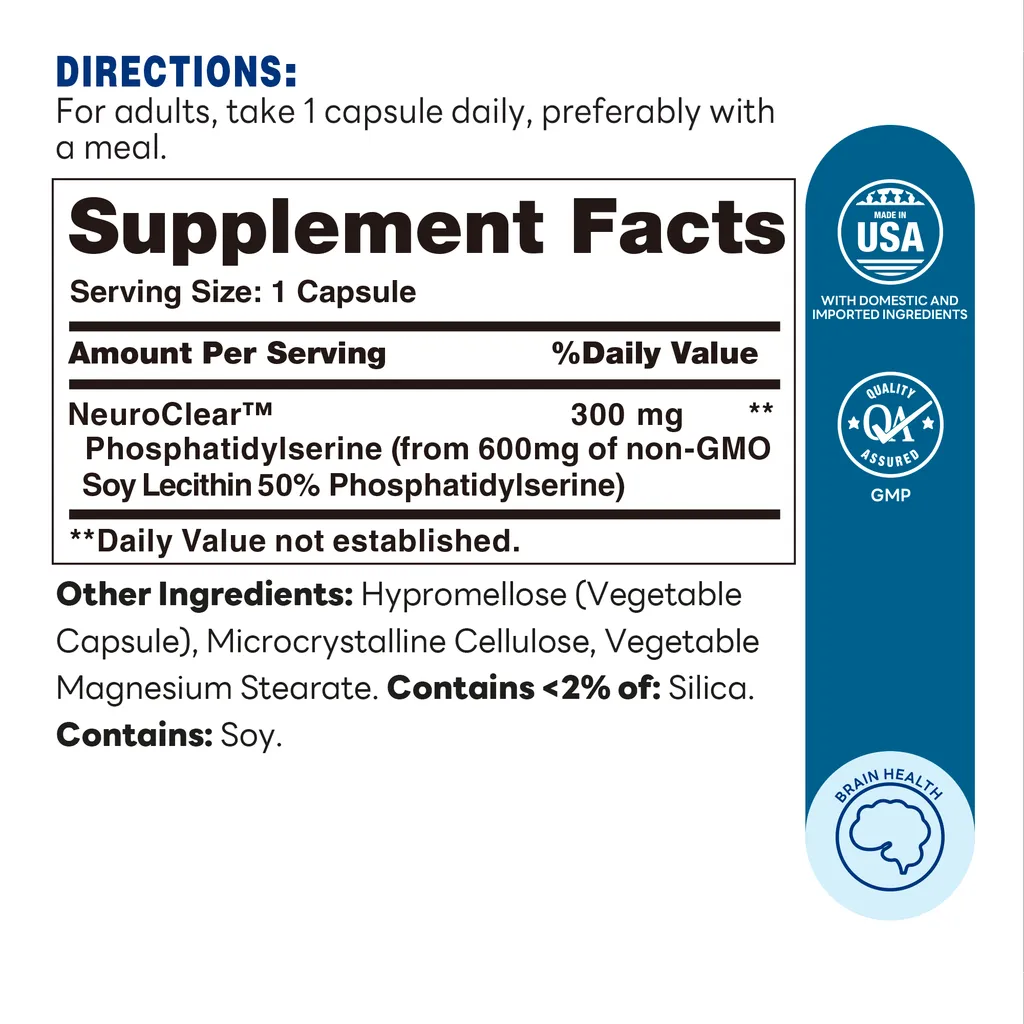 NeuroClear™ Phosphatidylserine Capsule 300MG - 60 Capsules - For Brain Health - Supplement Facts