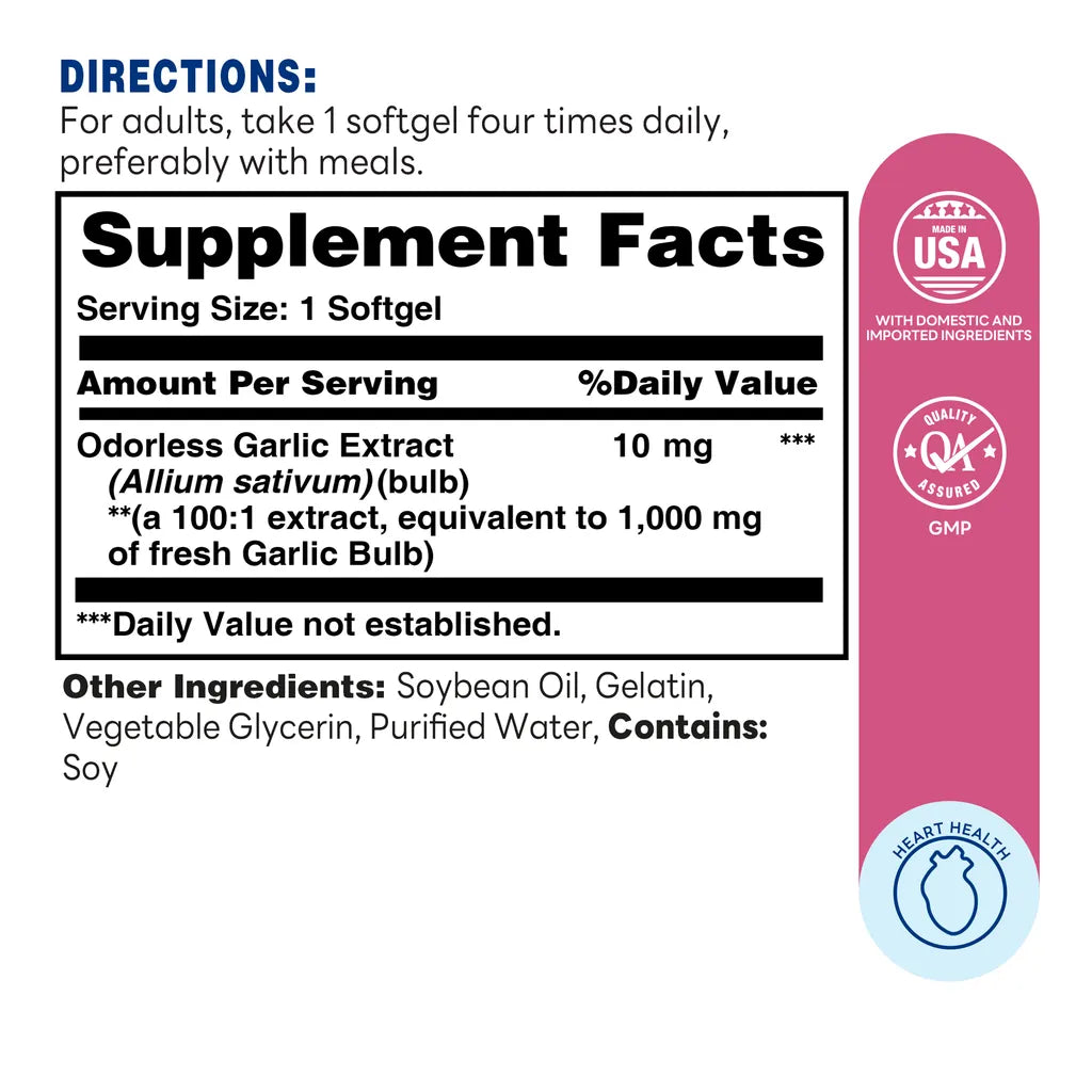 Odorless Garlic 1,000mg - 100 softgels - Supplement Facts